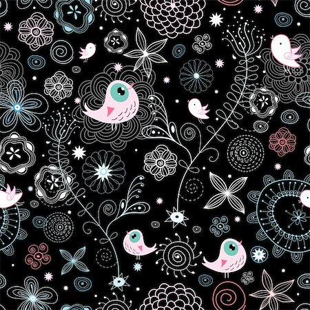 seamless natural light pattern with birds on a black background with stars Stock Photo - Budget Royalty-Free & Subscription, Code: 400-04388446