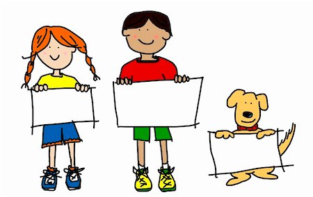 Large cartoon characters: simplisticand colorful line drawings of two smiling kids and their dog holding up blank poster board Fotografie stock - Microstock e Abbonamento, Codice: 400-04388558