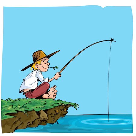 fisherman cartoon - Cartoon of a boy fishing. He is on a riverbank Stock Photo - Budget Royalty-Free & Subscription, Code: 400-04389181