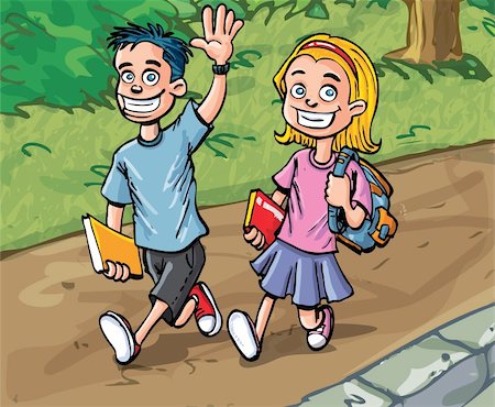 Cartoon boy and girl going to school. Path and woods behind Stock Photo - Budget Royalty-Free & Subscription, Code: 400-04389196
