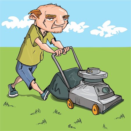 Cartoon man mowing his lawn. Grass and blue sky behind Stock Photo - Budget Royalty-Free & Subscription, Code: 400-04389192