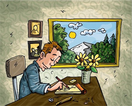 sketching a jacket - Cartoon man doodling at his desk. A window behind him overlooking countryside Stock Photo - Budget Royalty-Free & Subscription, Code: 400-04389193
