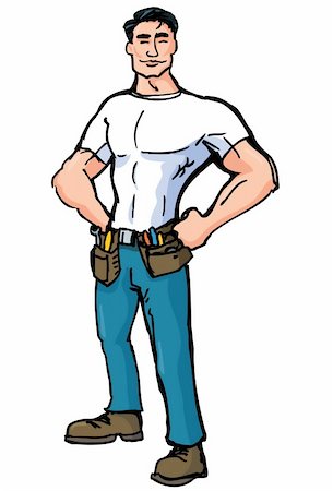 Cartoon handyman with tool belts. Isolated on white Stock Photo - Budget Royalty-Free & Subscription, Code: 400-04389202