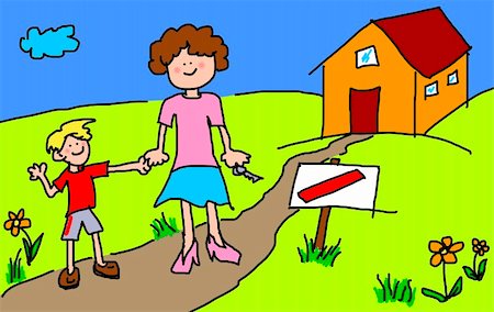 Large childlsh cartoon characters: Mother and son happy in front of their new house with blank sign by the road Fotografie stock - Microstock e Abbonamento, Codice: 400-04389421