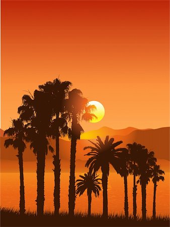 simsearch:400-04389594,k - Silhouettes of palm trees against a sunset landscape Stock Photo - Budget Royalty-Free & Subscription, Code: 400-04389595