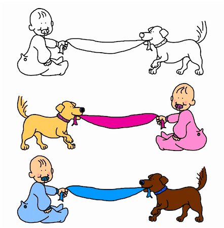 Cartoon illustration of baby boy or girl and dog pulling the blanket, with room for the message or announcement, choice of theme colors or blank for more options. Fotografie stock - Microstock e Abbonamento, Codice: 400-04389818