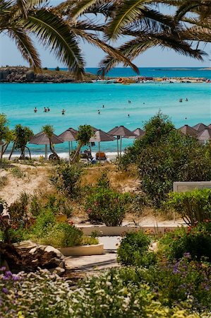 simsearch:400-05052257,k - Beach view through the palms on swimming people in Cyprus Stock Photo - Budget Royalty-Free & Subscription, Code: 400-04380385