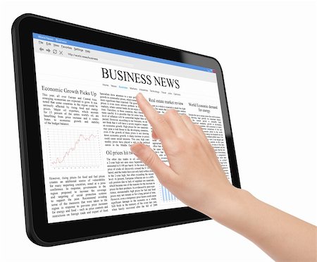 Hand touch screen on tablet pc with business news. Include clipping path for tablet, screen and hand. Isolated on white. XXXL size, ultra quality. Stock Photo - Budget Royalty-Free & Subscription, Code: 400-04380728