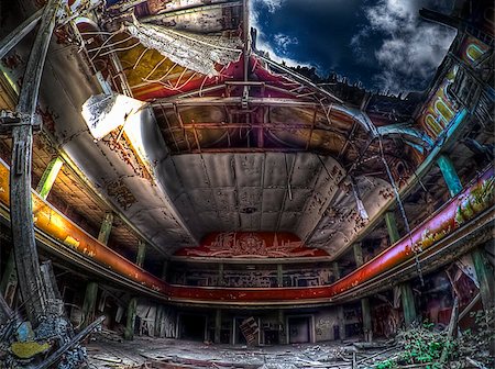 damaged factory interiors - hall of an abandoned theatre complex, hdr processing Stock Photo - Budget Royalty-Free & Subscription, Code: 400-04380831