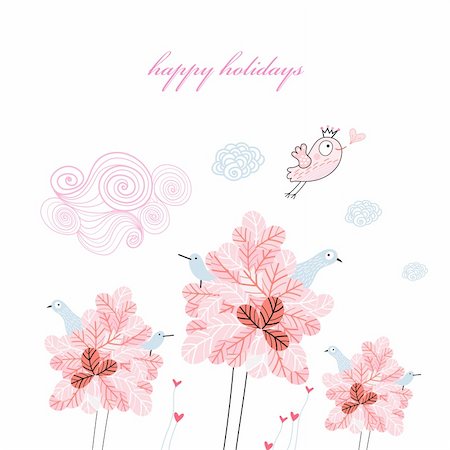 simsearch:400-05912525,k - Holiday Cards with pink trees and birds on a white background Stock Photo - Budget Royalty-Free & Subscription, Code: 400-04381335