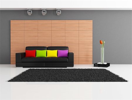 simsearch:400-04156984,k - black couch with cushion against wooden panel - rendering Stockbilder - Microstock & Abonnement, Bildnummer: 400-04381445