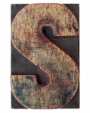 simsearch:400-07546780,k - letter S - vintage wood letterpress printing block, scratched, stained by ink, isolated on white Stock Photo - Budget Royalty-Free & Subscription, Code: 400-04381750