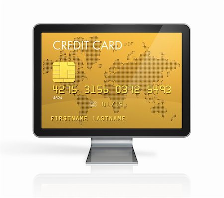 simsearch:400-04382597,k - 3D render of a gold credit card on a computer screen- isolated on white with 2 clipping paths : one for global scene and one for the screen Stock Photo - Budget Royalty-Free & Subscription, Code: 400-04382601