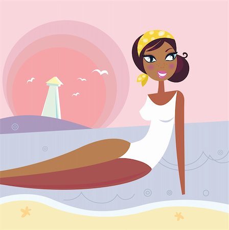 simsearch:859-03983185,k - Happy smiling woman relaxing on beach. Vector Illustration. Stockbilder - Microstock & Abonnement, Bildnummer: 400-04382978