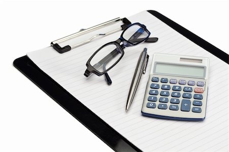 simsearch:400-04085316,k - Angled note pad, pen, glasses and pocket calculator on a white background Stock Photo - Budget Royalty-Free & Subscription, Code: 400-04383074