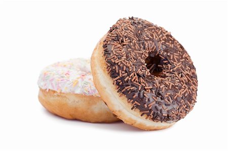 simsearch:400-04870223,k - Pink iced and chocolate donuts on a white background Foto de stock - Royalty-Free Super Valor e Assinatura, Número: 400-04383156