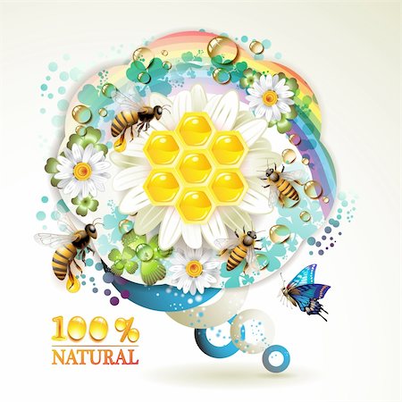 Bees and honeycombs over floral background with rainbow and drops of water Stock Photo - Budget Royalty-Free & Subscription, Code: 400-04383397