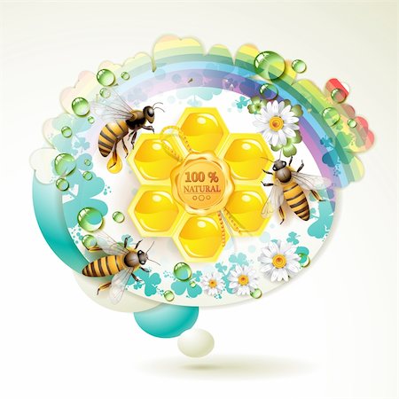 Bees and honeycombs over floral background with rainbow and drops of water Stock Photo - Budget Royalty-Free & Subscription, Code: 400-04383392