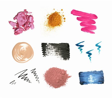 spilled foundation - Decorative cosmetic samples isolated on white. Lipstick, lip gloss, eyeshadow, pencil and mascara strokes, powder, foundation spilling. Stock Photo - Budget Royalty-Free & Subscription, Code: 400-04383455