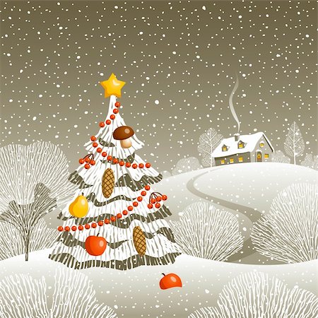 Decorative landscape with Christmas tree and house. Vector illustration with clipping mask. Foto de stock - Super Valor sin royalties y Suscripción, Código: 400-04394254