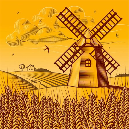Retro landscape with windmill in woodcut style. Vector illustration with clipping mask. Stock Photo - Budget Royalty-Free & Subscription, Code: 400-04394283