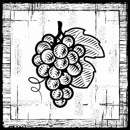 food antique illustrations - Retro grapes bunch on wooden background. Black and white vector illustration in woodcut style. Foto de stock - Super Valor sin royalties y Suscripción, Código: 400-04394300