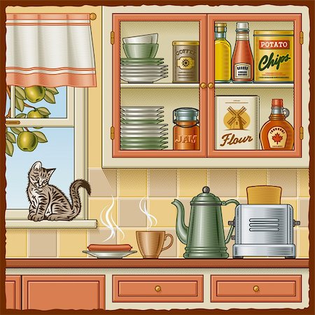 Retro kitchen with various foods and a kitten on the windowsill. Vector illustration in woodcut style with clipping mask. Photographie de stock - Aubaine LD & Abonnement, Code: 400-04394757