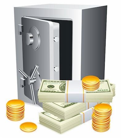secure metal box - Opened safe, packs of money and golden coins. Stock Photo - Budget Royalty-Free & Subscription, Code: 400-04394836