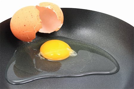 Preparing breakfast. Still extremely close up Picture of frying pan and spilled from the shells cracked organic raw egg over it. Stock Photo - Budget Royalty-Free & Subscription, Code: 400-04395005