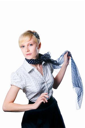 Portrait of romantic blonde girl wearing white blouse and dark blue easy scarf on isolated white background Stockbilder - Microstock & Abonnement, Bildnummer: 400-04395617