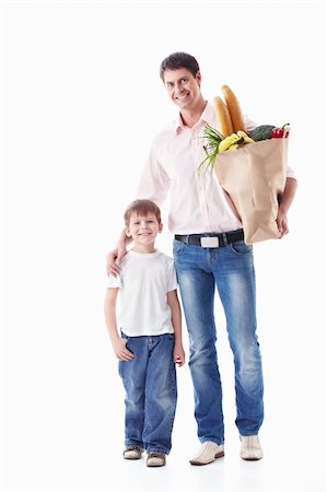 einkaufssüchtiger (männlich) - Dad and son with their purchases on a white background Stockbilder - Microstock & Abonnement, Bildnummer: 400-04395965