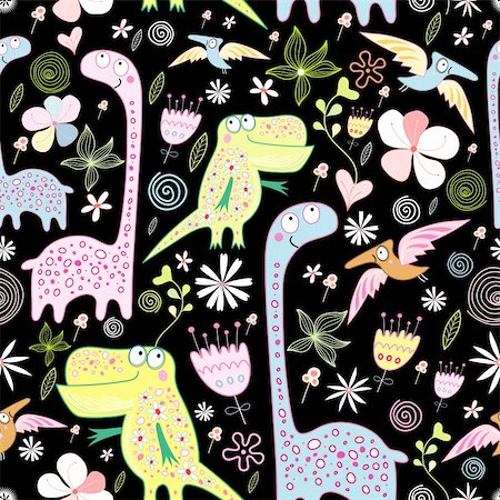 simsearch:400-04910406,k - seamless floral pattern with dinosaurs on a black background Foto de stock - Super Valor sin royalties y Suscripción, Código: 400-04396091