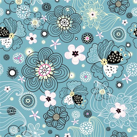 simsearch:400-04910406,k - seamless, bright and vivid black floral pattern on a blue background Foto de stock - Super Valor sin royalties y Suscripción, Código: 400-04396092
