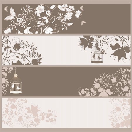 simsearch:400-04406888,k - Set of 4 vintage horizontal banners flowers and  birds in cage. Photographie de stock - Aubaine LD & Abonnement, Code: 400-04396234