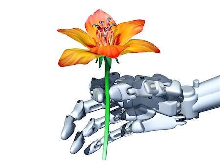 delicate electronics - Illustration of a robot gently holding an orange flower Stock Photo - Budget Royalty-Free & Subscription, Code: 400-04397499