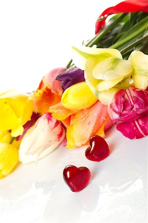 simsearch:400-07298791,k - Lovely spring colored tulips with water drops lie in the bouquet in the foreground of the two red glass hearts. Isolated Stockbilder - Microstock & Abonnement, Bildnummer: 400-04397529