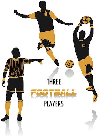 simsearch:400-04397543,k - Two-tone silhouettes of three football players, part of a collection of lifestyle people. Fotografie stock - Microstock e Abbonamento, Codice: 400-04397543
