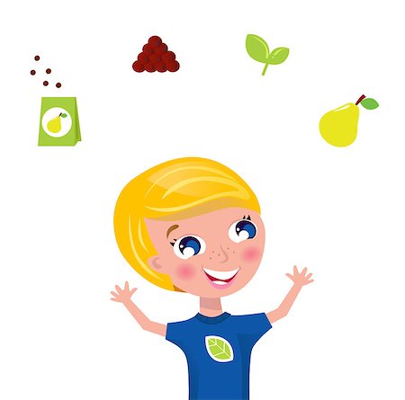 fun plant clip art - Happy blond boy with fruit and plant icons isolated on white. Vector Illustration. Stock Photo - Budget Royalty-Free & Subscription, Code: 400-04398496