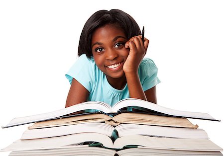 Beautiful happy smiling student with pen and a pile of open books doing homework, isolated. Stock Photo - Budget Royalty-Free & Subscription, Code: 400-04398790