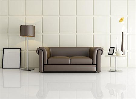 living room with classic sofa against square beige panel - rendering Stock Photo - Budget Royalty-Free & Subscription, Code: 400-04398959