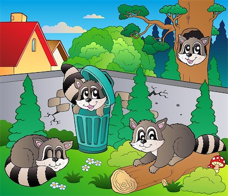 Backyard with cute racoons - vector illustration. Stock Photo - Budget Royalty-Free & Subscription, Code: 400-04399041