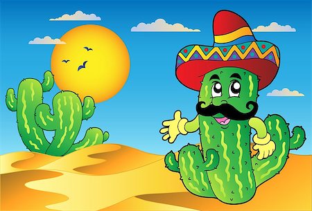 desert drawing - Desert scene with Mexican cactus - vector illustration. Stock Photo - Budget Royalty-Free & Subscription, Code: 400-04399061