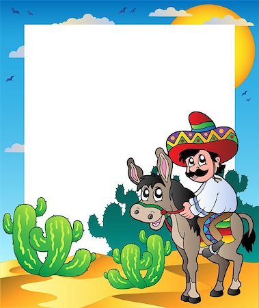 desert drawing - Frame with Mexican riding donkey - vector illustration. Stock Photo - Budget Royalty-Free & Subscription, Code: 400-04399077