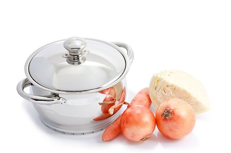 simsearch:673-02140337,k - New stainless steel cooking pot, onion, carrot and cabbage isolated on white Stock Photo - Budget Royalty-Free & Subscription, Code: 400-04399438