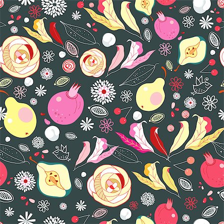 seamless bright warm pattern of leaves and fruits against a dark background Stock Photo - Budget Royalty-Free & Subscription, Code: 400-04399443
