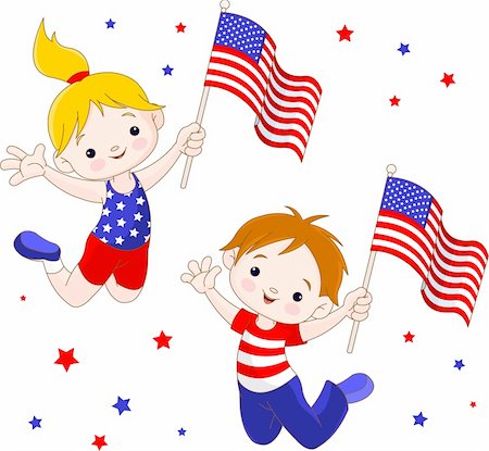 Cute boy and girl  jumping with the American flag Stock Photo - Budget Royalty-Free & Subscription, Code: 400-04390337