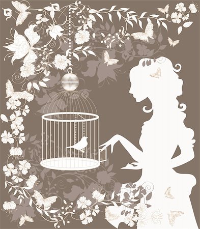 simsearch:400-04406888,k - Vintage background with flowers, bird and girl silhouette. Photographie de stock - Aubaine LD & Abonnement, Code: 400-04390462