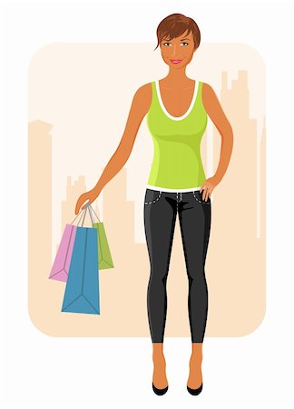 simsearch:400-04160265,k - Illustration girl with purchases goes around city - vector Stock Photo - Budget Royalty-Free & Subscription, Code: 400-04390474