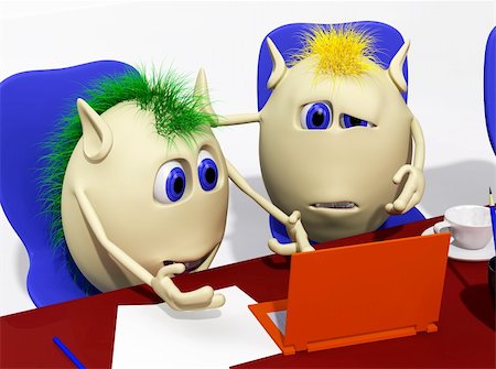 Two puppets looking at orange laptop with sorrow Stock Photo - Budget Royalty-Free & Subscription, Code: 400-04390586