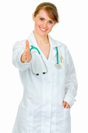 simsearch:400-04351236,k - Smiling medical doctor woman stretches out hand for handshake isolated on white Photographie de stock - Aubaine LD & Abonnement, Code: 400-04391105